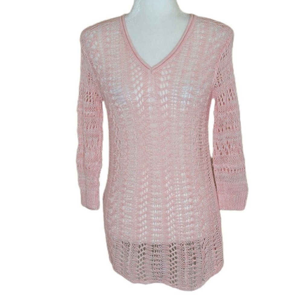 Tommy Bahama Pink Open Knit V-Neck Pullover Sweater Size Small